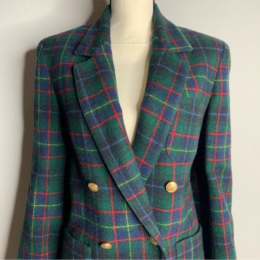 80s Vintage Wool Plaid Double Breasted Fitted Blazer